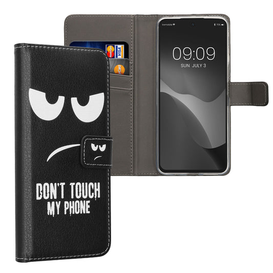 kwmobile Wallet Case kompatibel mit Xiaomi Redmi 13 Hülle - Cover mit Ständer und Kartenfächern - Don't touch my Phone Weiß Schwarz Weiß  [dsg01]