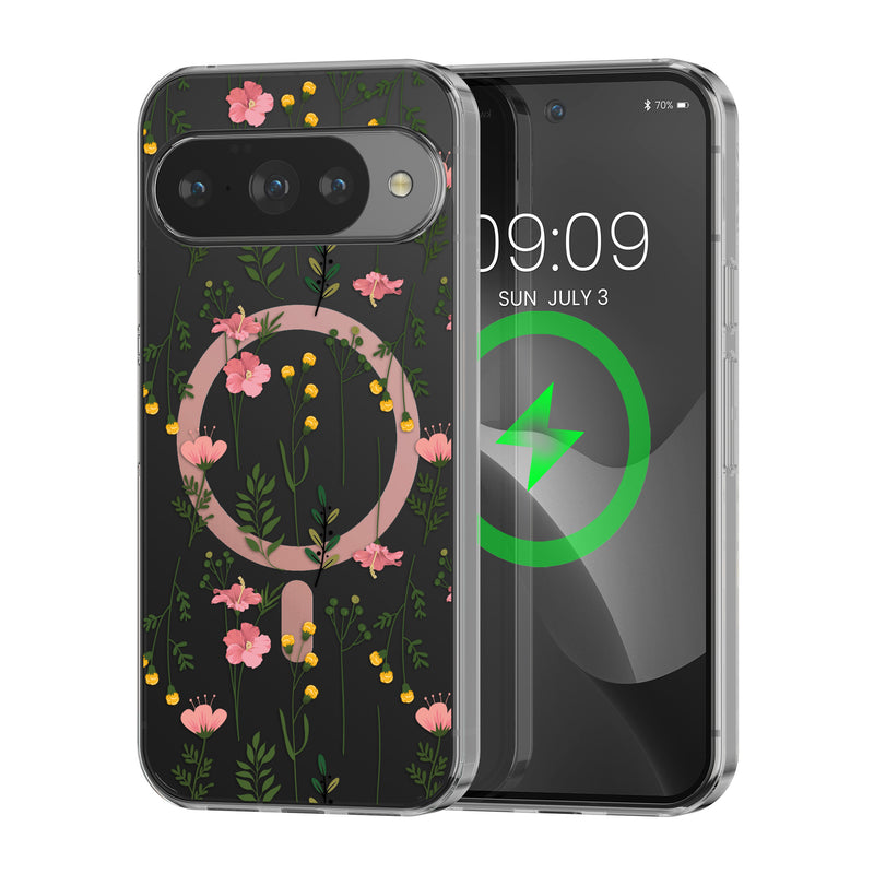 kwmobile kristallklares Hardcase kompatibel mit Google Pixel 10 / Pixel 10 Pro Hülle - kompatibel mit MagSafe - Acryl-Hülle mit TPU Case - Zarte Wildblumen Rosa  [dsg02]