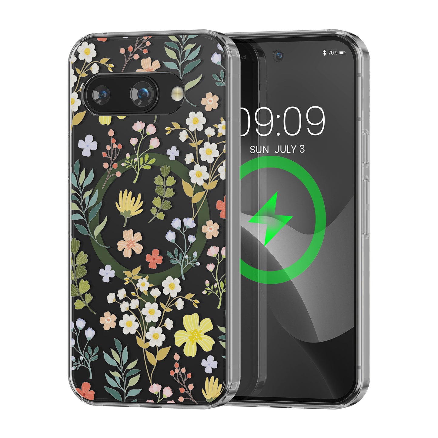 kwmobile kristallklares Hardcase kompatibel mit Google Pixel 9a Hülle - kompatibel mit MagSafe - Acryl-Hülle mit TPU Case - Zauberhafte Blumen Gelb  [dsg01]