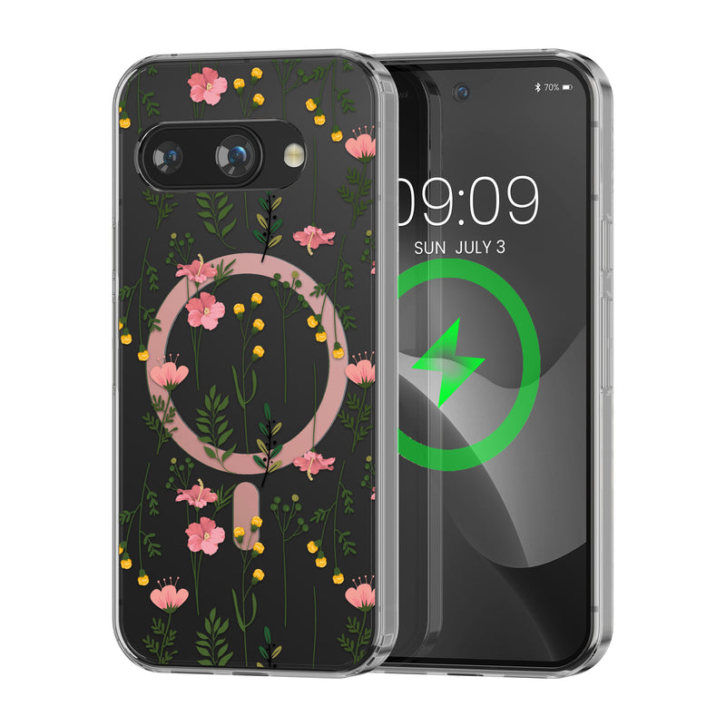 kwmobile kristallklares Hardcase kompatibel mit Google Pixel 9a Hülle - kompatibel mit MagSafe - Acryl-Hülle mit TPU Case - Zarte Wildblumen Rosa  [dsg02]