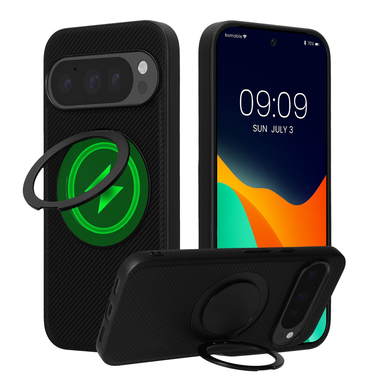 kwmobile Hülle für Google Pixel 10 / Pixel 10 Pro Handyhülle - Case kompatibel mit MagSafe - Cover mit Ringständer - Kunstleder Carbon Look in Schwarz Schwarz  [dsg01]