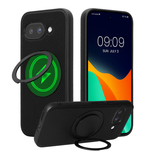 kwmobile Hülle für Google Pixel 9a Handyhülle - Case kompatibel mit MagSafe - Cover mit Ringständer - Kunstleder Carbon Look in Schwarz Schwarz  [dsg01]