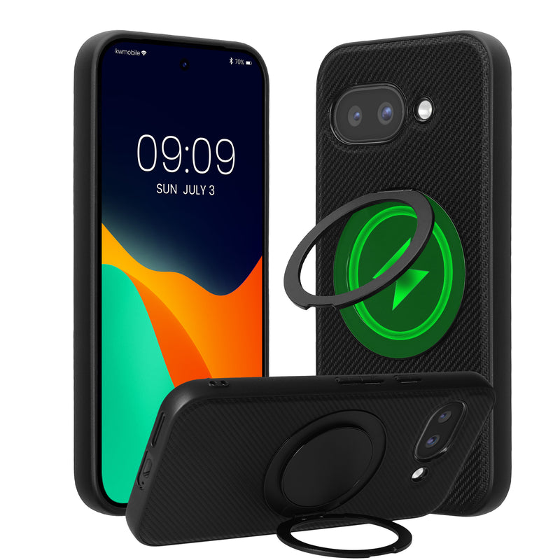 kwmobile Case for Google Pixel 9a - Compatible with MagSafe - Cover with Ring Stand - Carbon Look