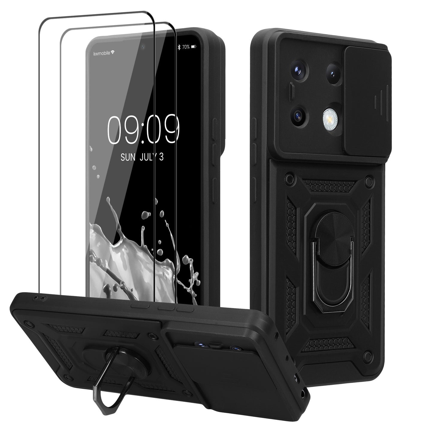 kwmobile Case for Xiaomi Redmi Note 13 Pro 5G / Poco X6 5G – Phone Cover with 2 Screen Protectors – Camera Cover and Ring Holder – Robust Cover