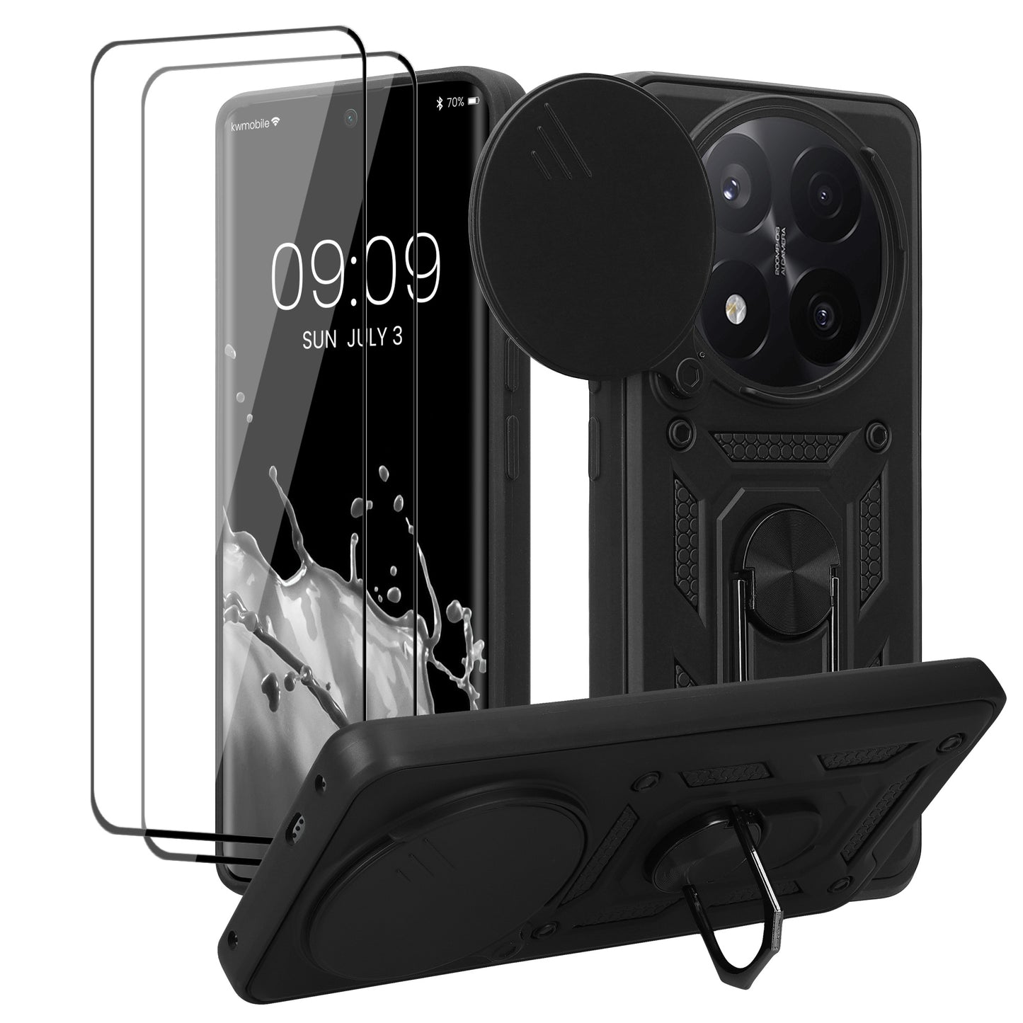 kwmobile Hülle für Xiaomi Redmi Note 14 Pro+ 5G / Redmi Note 14 Pro Plus 5G Case - Handyhülle mit 2 Schutzfolien - Kameraabdeckung und Ringhalter - Robustes Cover in Schwarz Schwarz  
