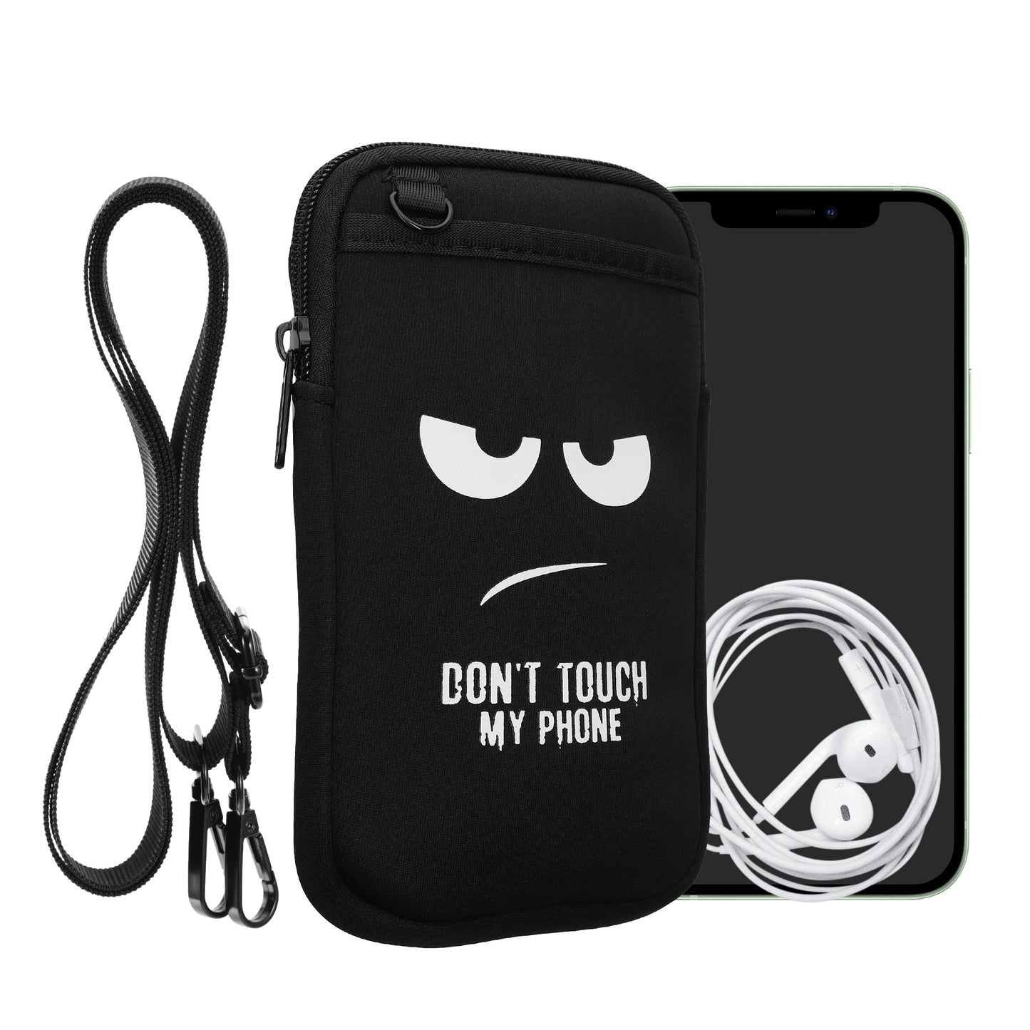 kwmobile Handytasche zum Umhängen für XL - 6,7/6,8" Handy Tasche - Umhänge Tasche für Handy aus Neopren - Handyschutz mit Taschen - Don't touch my Phone Weiß XL [dsg01]