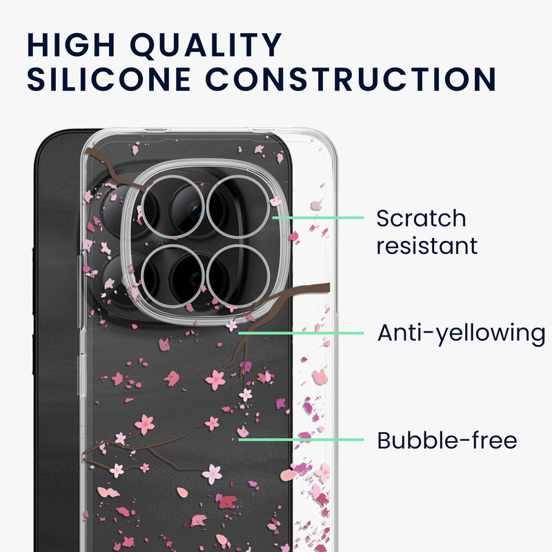 kwmobile Case Compatible with Xiaomi Redmi Note 15 Pro 5G - Silicone Cover Transparent Cherry Blossom Leaves Dark Brown Transparent