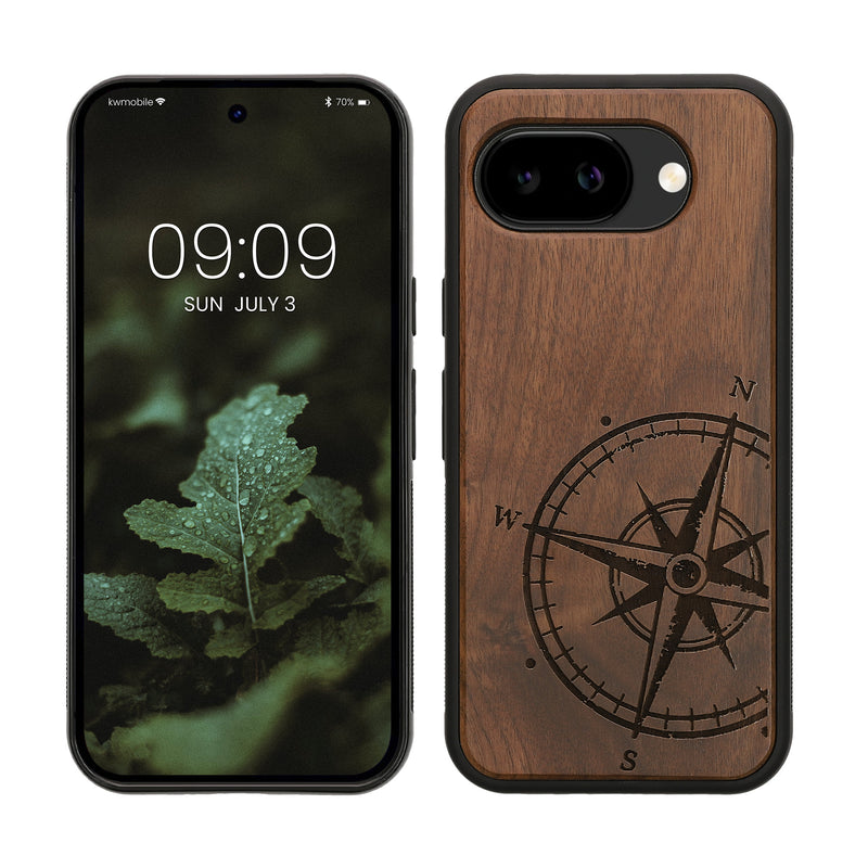 kwmobile Hülle kompatibel mit Google Pixel 10a Hülle - Holz Case - Handy Cover - TPU Handyhülle in Dunkelbraun Kompass Vintage Dunkelbraun  [dsg01]