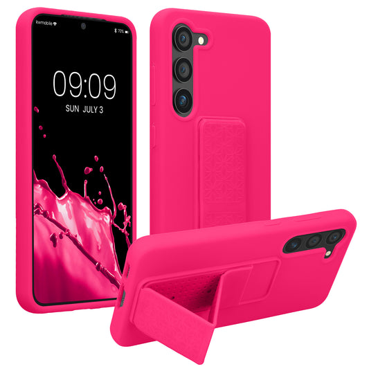 kwmobile Handyhülle kompatibel mit Samsung Galaxy S23 - Hülle mit Fingerhalter und Standfunktion - Silikon Case Handy Cover in Neon Pink Neon Pink  