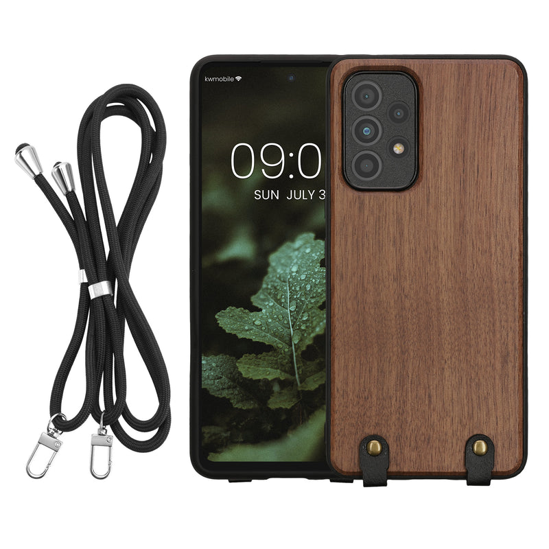 kwmobile Necklace Case kompatibel mit Samsung Galaxy A53 5G Hülle - Holz TPU Cover mit Handykette - Band Handyhülle Dunkelbraun Dunkelbraun  