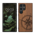 kwmobile Hülle kompatibel mit Samsung Galaxy S24 Ultra Hülle - Holz Case - Handy Cover - TPU Handyhülle in Dunkelbraun Kompass Vintage Dunkelbraun  [dsg01]