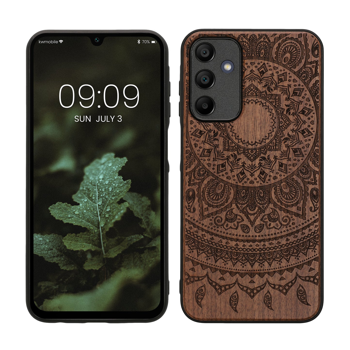 kwmobile Hülle kompatibel mit Samsung Galaxy A15 5G Hülle - Holz Case - Handy Cover - TPU Handyhülle in Dunkelbraun Indische Sonne Dunkelbraun  [dsg02]