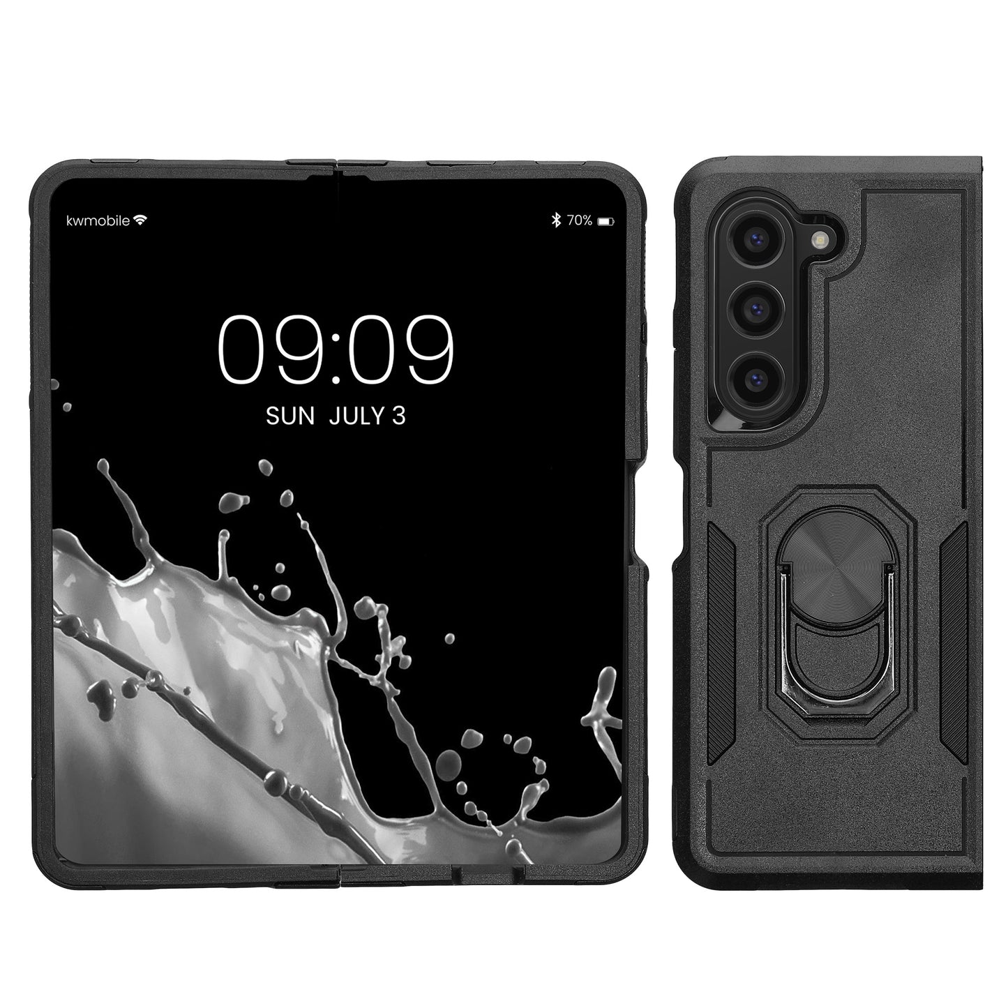 kwmobile Shockproof Hybrid Handyhülle kompatibel mit Samsung Galaxy Z Fold5 Hülle - Stoßfestes Smartphone Case mit Fingerring aus Metall - Schwarz Schwarz  
