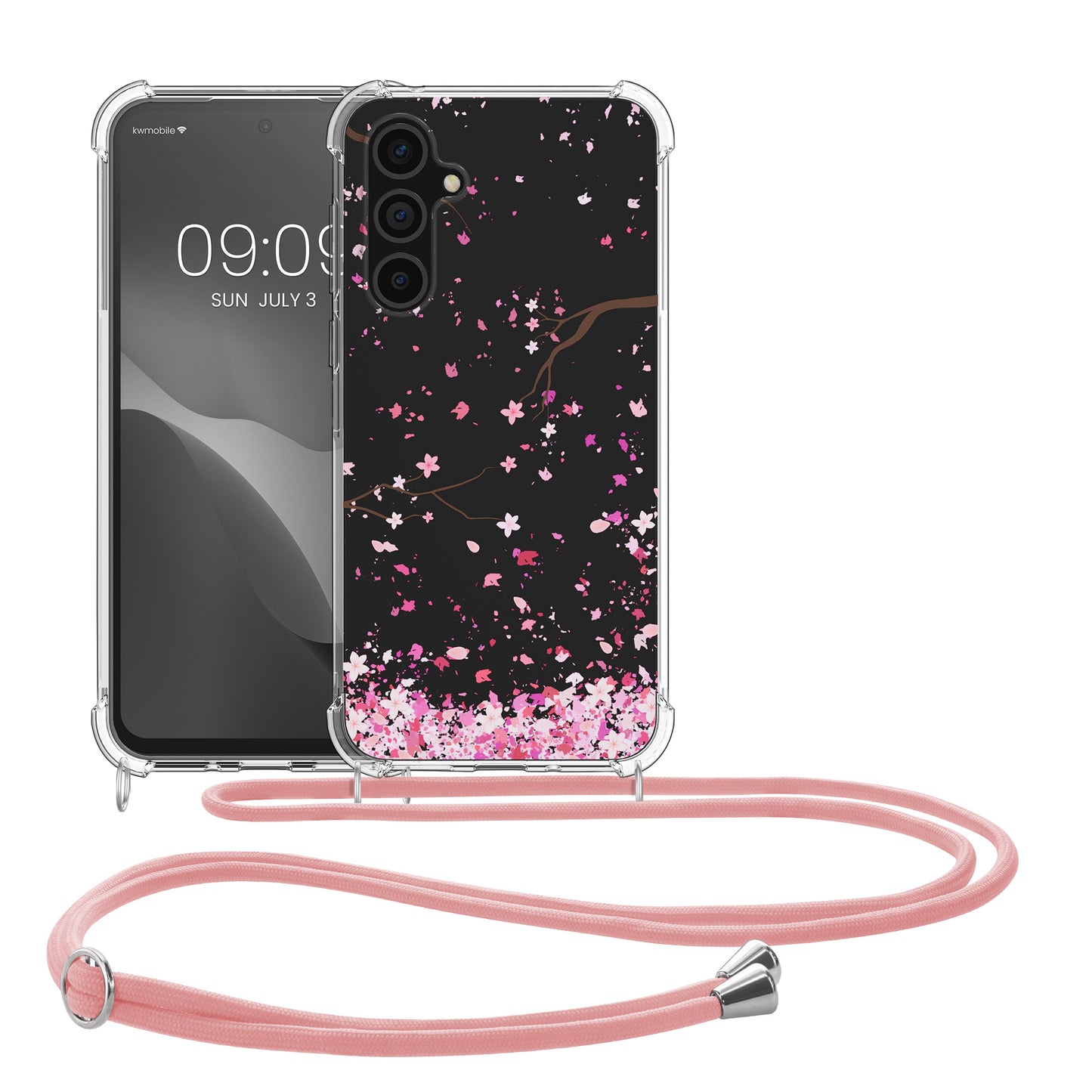 kwmobile Necklace Case compatible with Samsung Galaxy A35 Silicone Cover with Phone Chain Cherry Blossom Petals