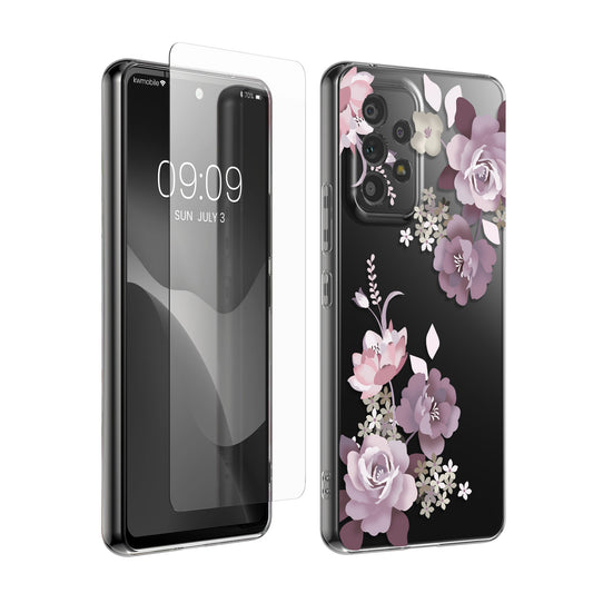 kwmobile Hülle kompatibel mit Samsung Galaxy A53 5G Handyhülle - Silikon Case transparent - Mit Glas Schutzfolie - Blumenblüten und Rosen Pastelllila Transparent Pastelllila  [dsg02]