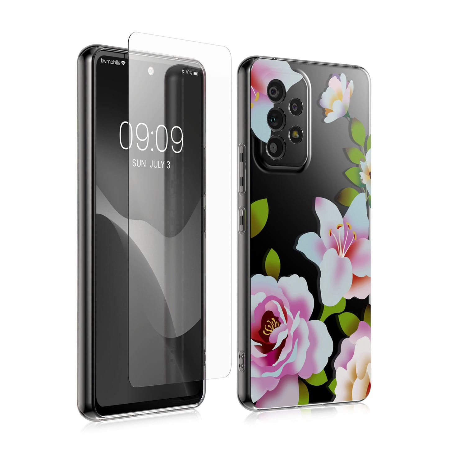 kwmobile Hülle kompatibel mit Samsung Galaxy A53 5G Handyhülle - Silikon Case transparent - Mit Glas Schutzfolie - Frühling Rosen Hellrosa Weiß Transparent Hellrosa  [dsg03]