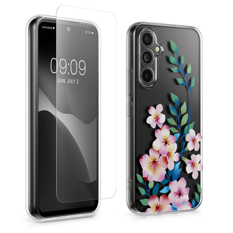 kwmobile Hülle kompatibel mit Samsung Galaxy A54 5G Handyhülle - Silikon Case transparent - Mit Glas Schutzfolie - Kirschblüten bunt Hellrosa Rosa Transparent Hellrosa  [dsg01]