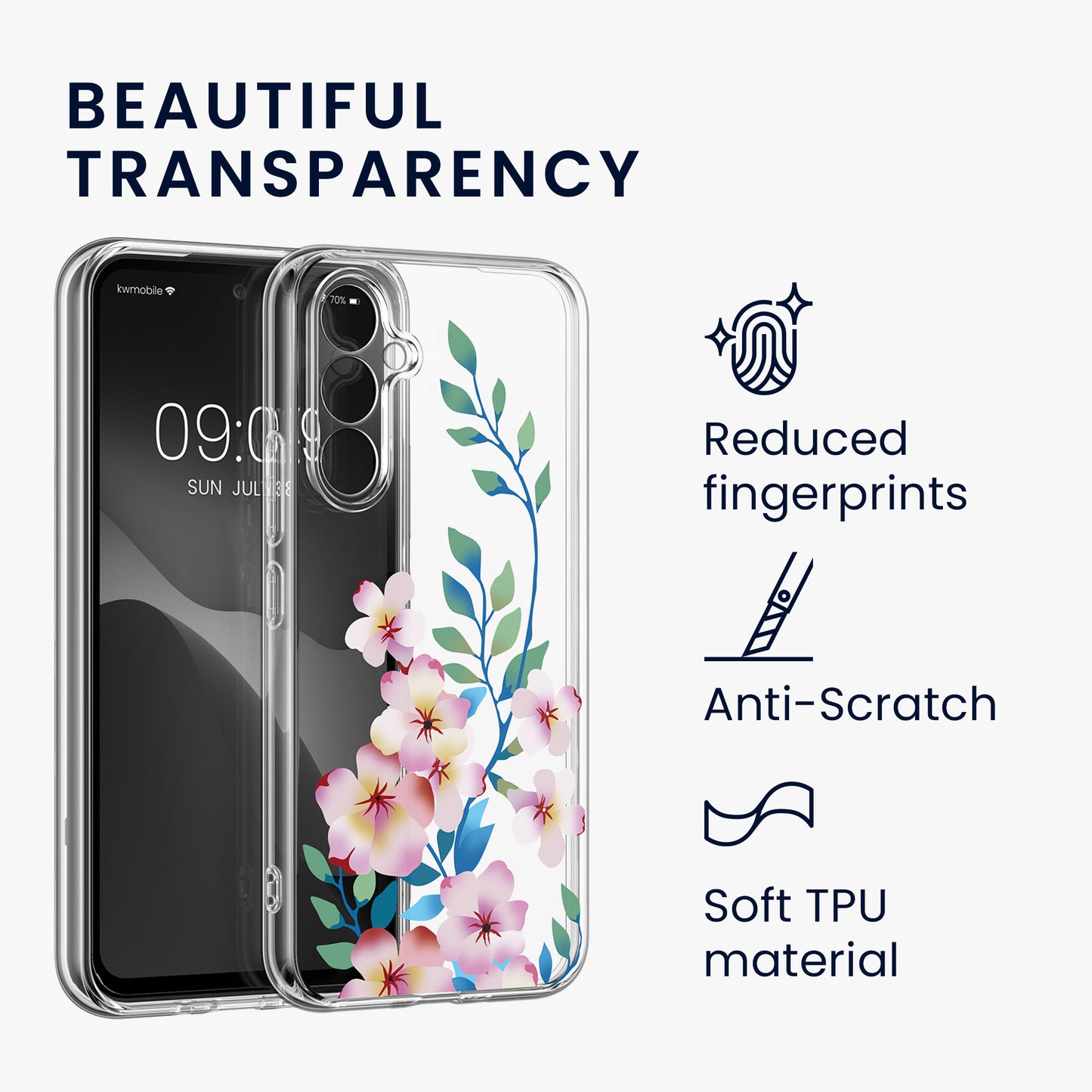 kwmobile Case Compatible with Samsung Galaxy A54 5G Phone Case with Glass Screen Protector Floral Blossoms and Roses Transparent