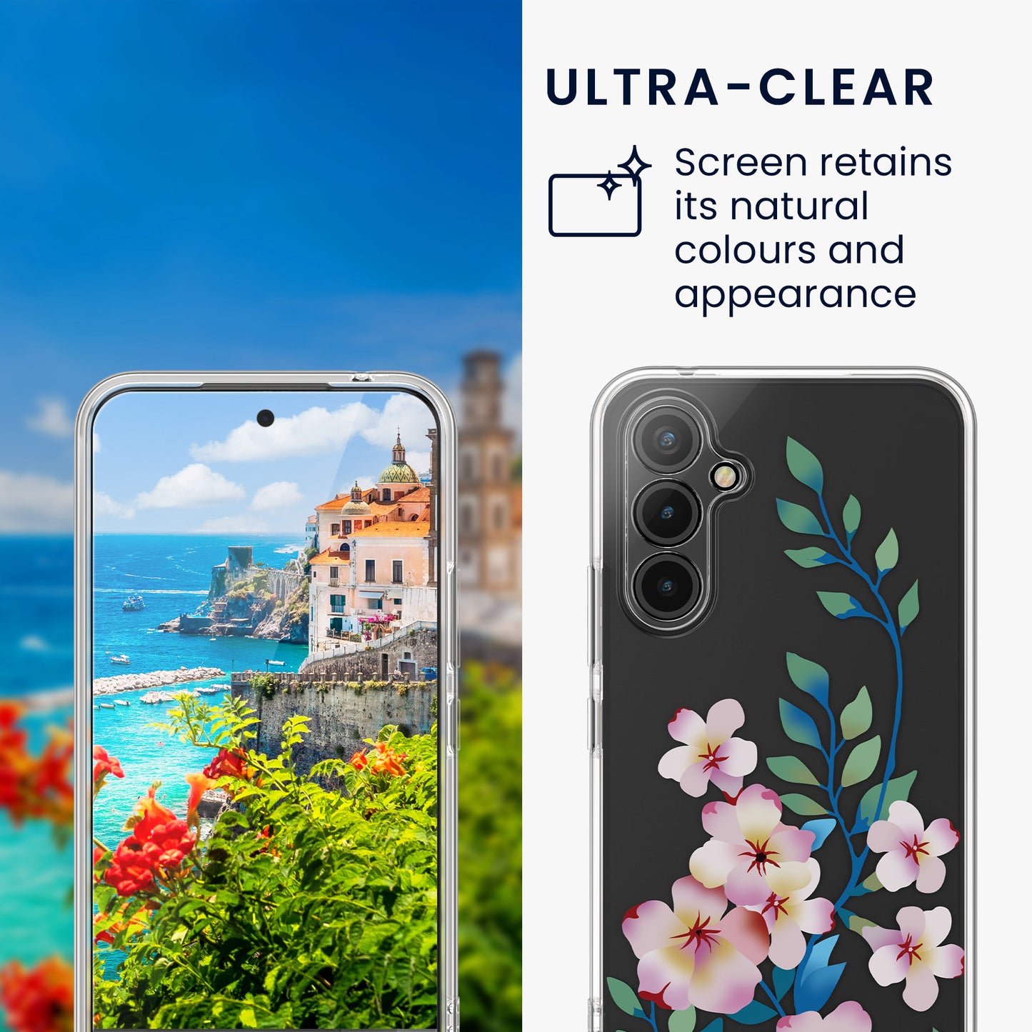 kwmobile Case Compatible with Samsung Galaxy A54 5G Phone Case with Glass Screen Protector Floral Blossoms and Roses Transparent