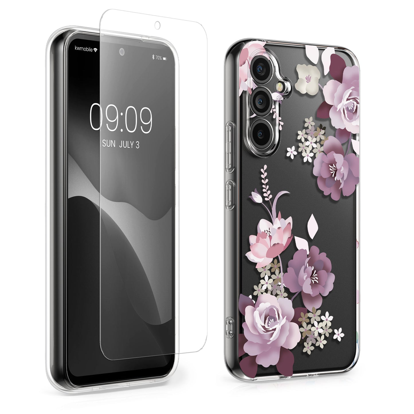 kwmobile Hülle kompatibel mit Samsung Galaxy A54 5G Handyhülle - Silikon Case transparent - Mit Glas Schutzfolie - Blumenblüten und Rosen Pastelllila Transparent Pastelllila  [dsg02]