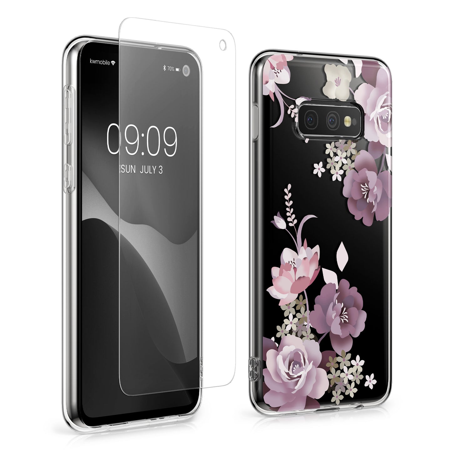 kwmobile Hülle kompatibel mit Samsung Galaxy S10e Handyhülle - Silikon Case transparent - Mit Glas Schutzfolie - Blumenblüten und Rosen Pastelllila Transparent Pastelllila  [dsg01]