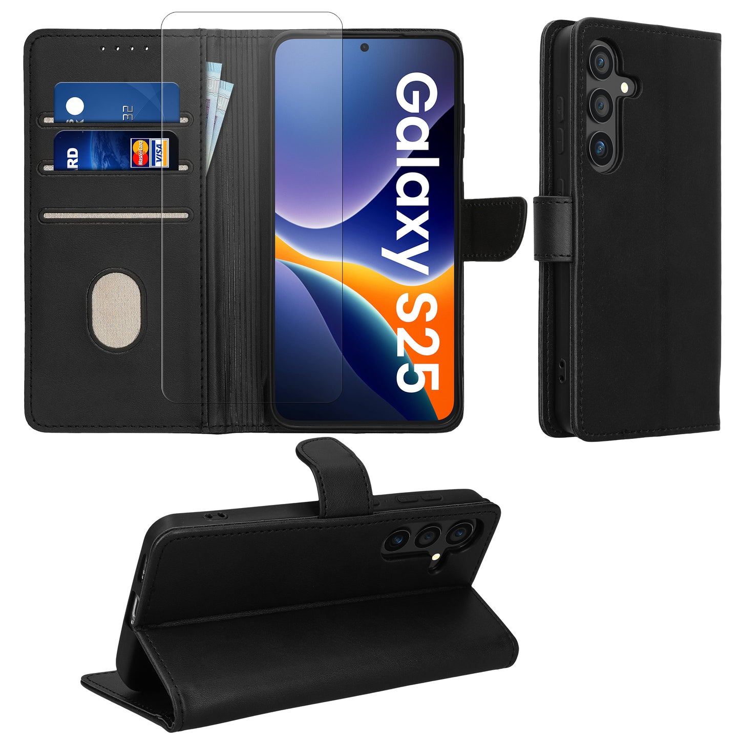 kwmobile Faux Leather Phone Case Compatible with Samsung Galaxy S25 Case - PU Leather Wallet Protective Cover with Screen Protector and RFID Protection
