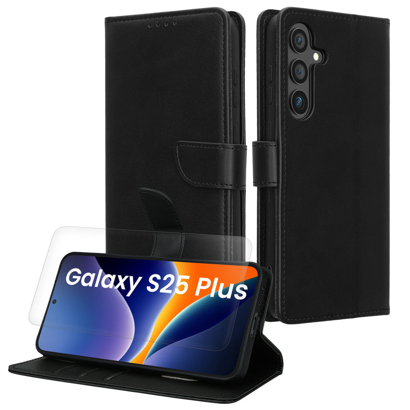 kwmobile Kunstleder Handyhülle kompatibel mit Samsung Galaxy S25 Plus Hülle - Brieftaschen Schutzhülle aus PU-Leder mit Displayschutz und RFID-Schutz - Schwarz Schwarz  