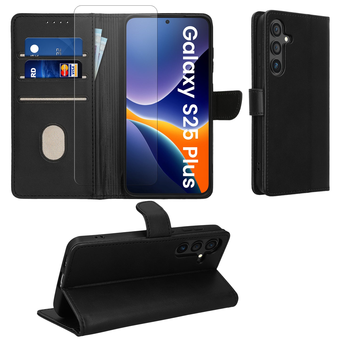 kwmobile Faux Leather Phone Case Compatible with Samsung Galaxy S25 Plus Case - Wallet Protective Cover Made of PU Leather with Screen Protector and RFID Protection