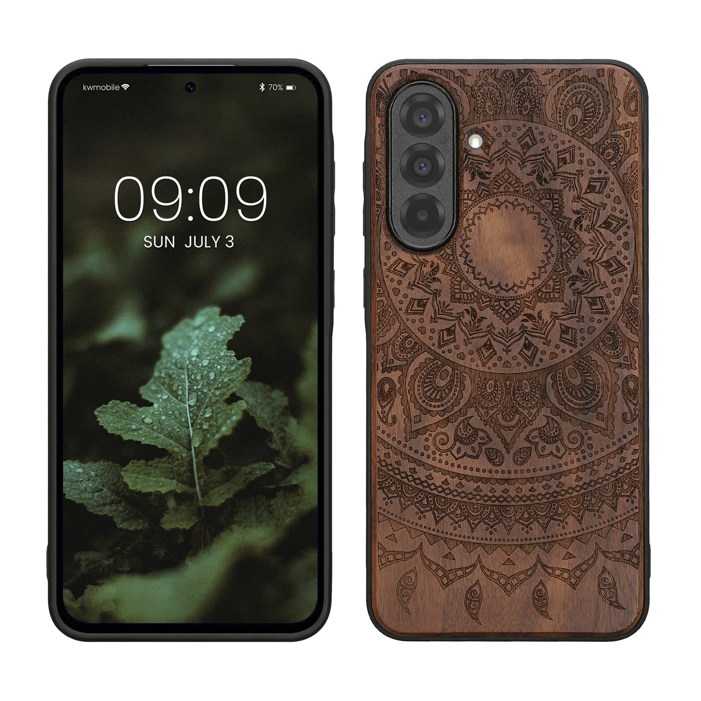 kwmobile Hülle kompatibel mit Samsung Galaxy A36 5G Hülle - Holz Case - Handy Cover - TPU Handyhülle in Dunkelbraun Indische Sonne Dunkelbraun  [dsg02]