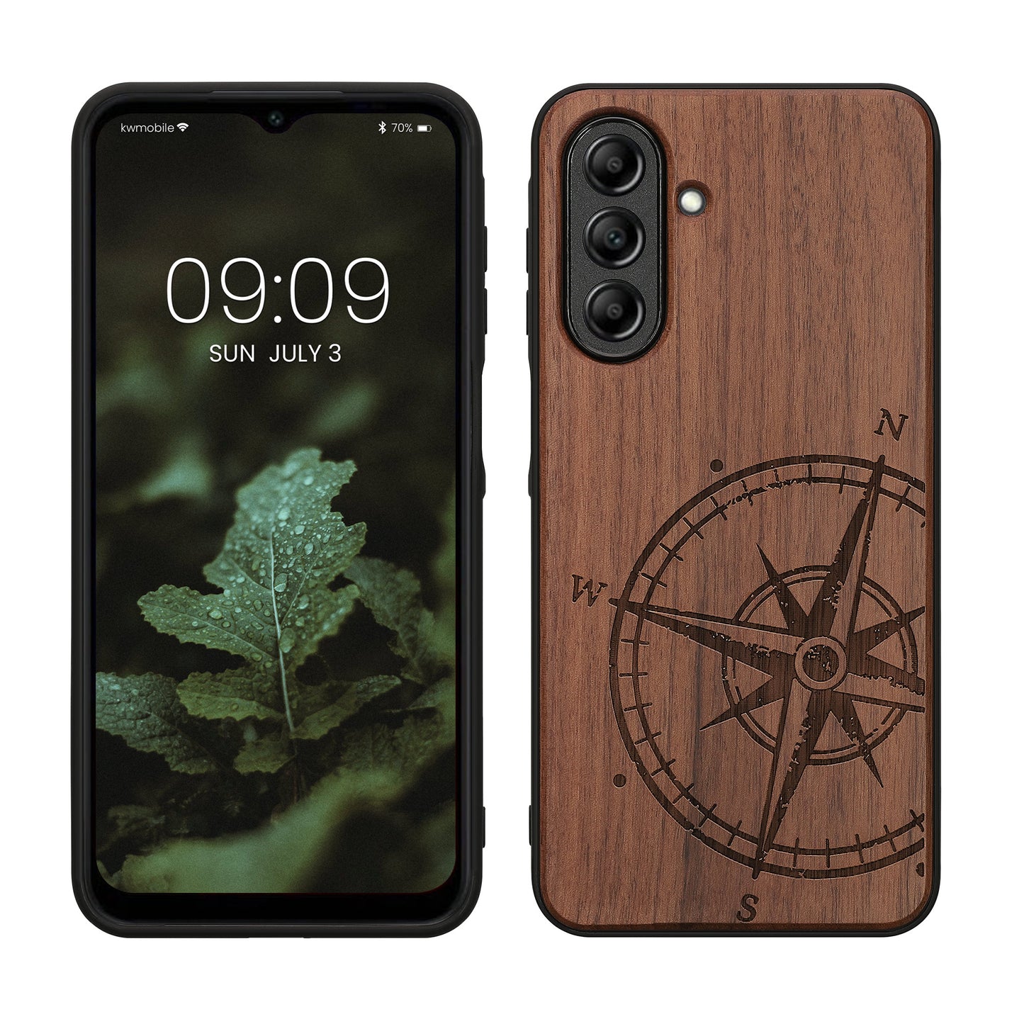 kwmobile Hülle kompatibel mit Samsung Galaxy A26 5G Hülle - Holz Case - Handy Cover - TPU Handyhülle in Dunkelbraun Kompass Vintage Dunkelbraun  [dsg01]