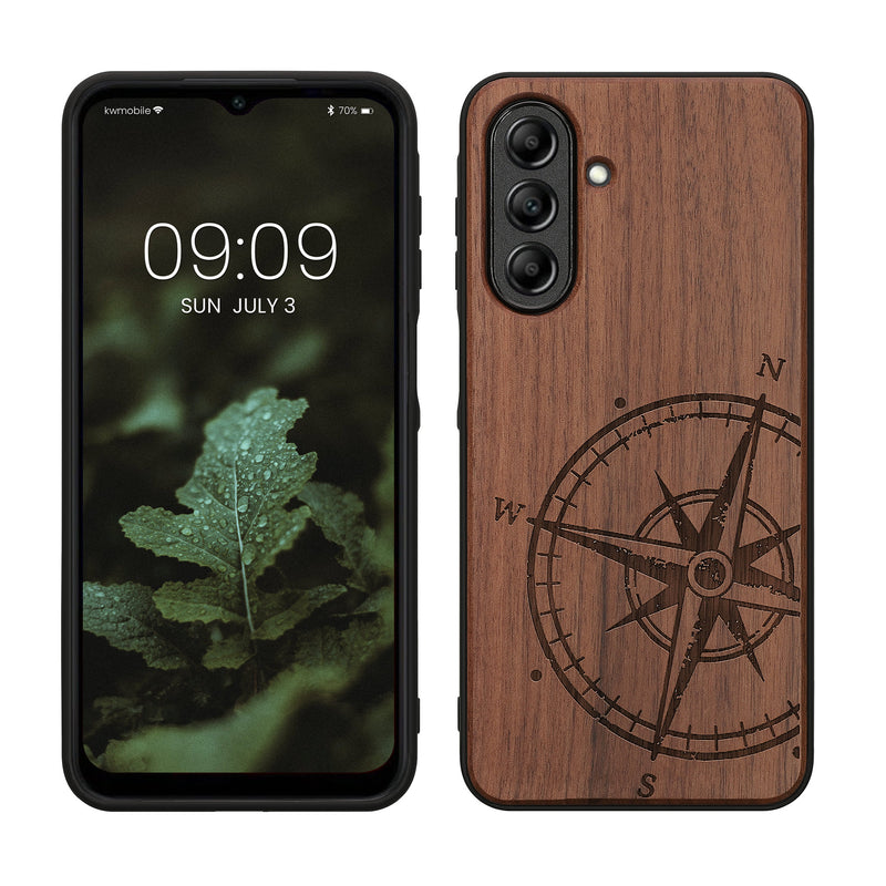 kwmobile Hülle kompatibel mit Samsung Galaxy A26 5G Hülle - Holz Case - Handy Cover - TPU Handyhülle in Dunkelbraun Kompass Vintage Dunkelbraun  [dsg01]