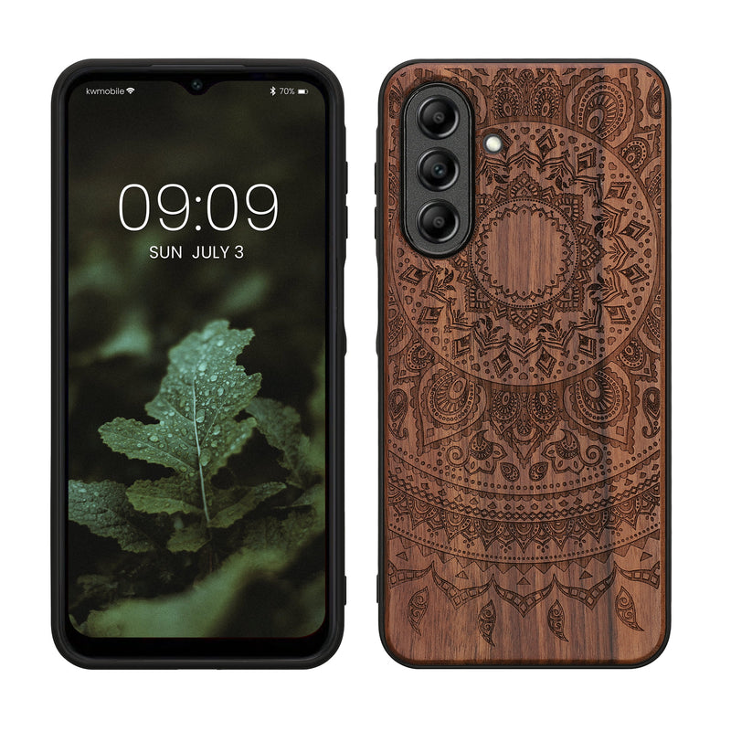 kwmobile Hülle kompatibel mit Samsung Galaxy A26 5G Hülle - Holz Case - Handy Cover - TPU Handyhülle in Dunkelbraun Indische Sonne Dunkelbraun  [dsg02]