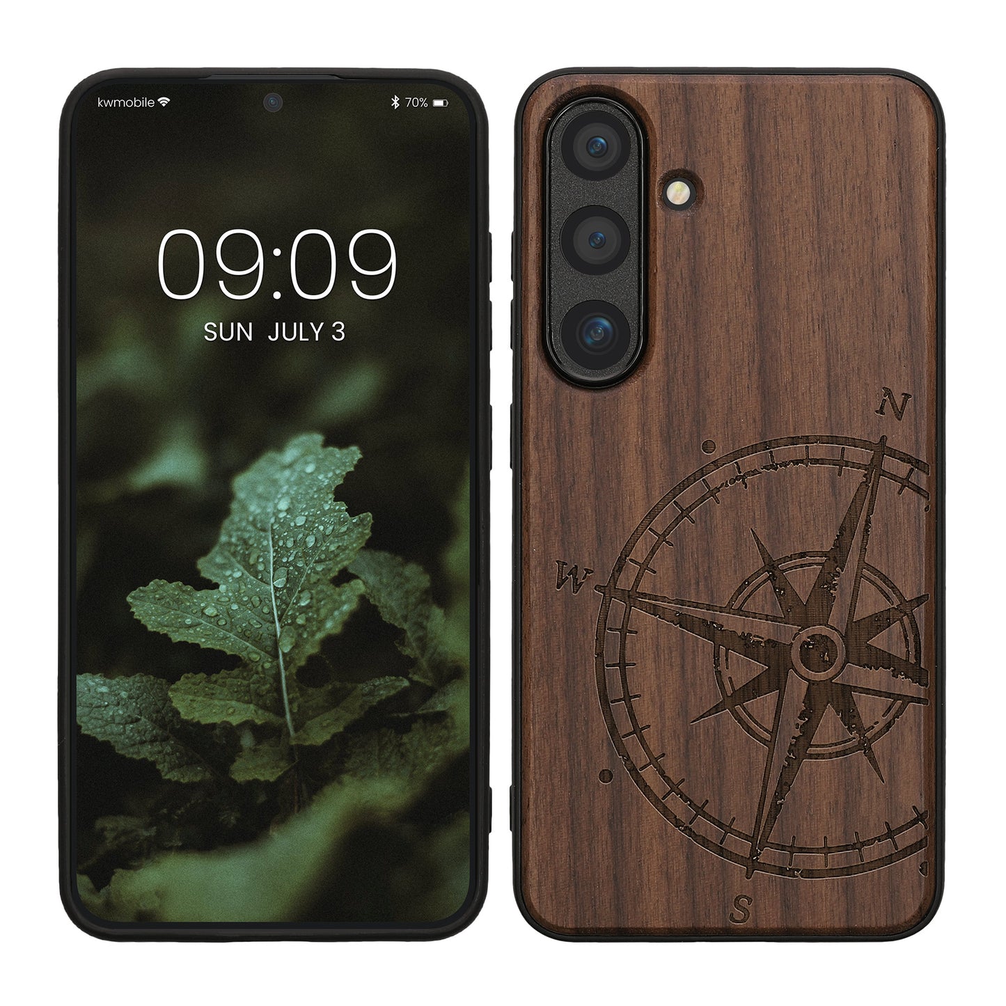 kwmobile Hülle kompatibel mit Samsung Galaxy S25 Hülle - Holz Case - Handy Cover - TPU Handyhülle in Dunkelbraun Kompass Vintage Dunkelbraun  [dsg01]