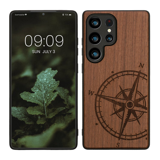 kwmobile Hülle kompatibel mit Samsung Galaxy S25 Ultra Hülle - Holz Case - Handy Cover - TPU Handyhülle in Dunkelbraun Kompass Vintage Dunkelbraun  [dsg01]