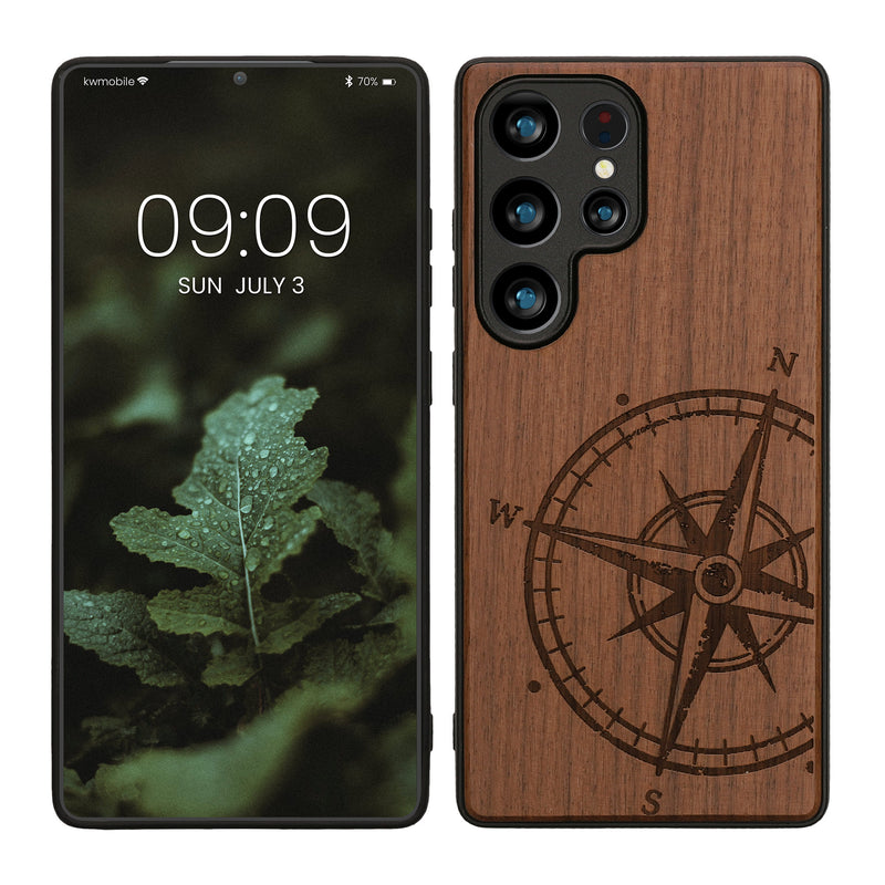 kwmobile Hülle kompatibel mit Samsung Galaxy S25 Ultra Hülle - Holz Case - Handy Cover - TPU Handyhülle in Dunkelbraun Kompass Vintage Dunkelbraun  [dsg01]