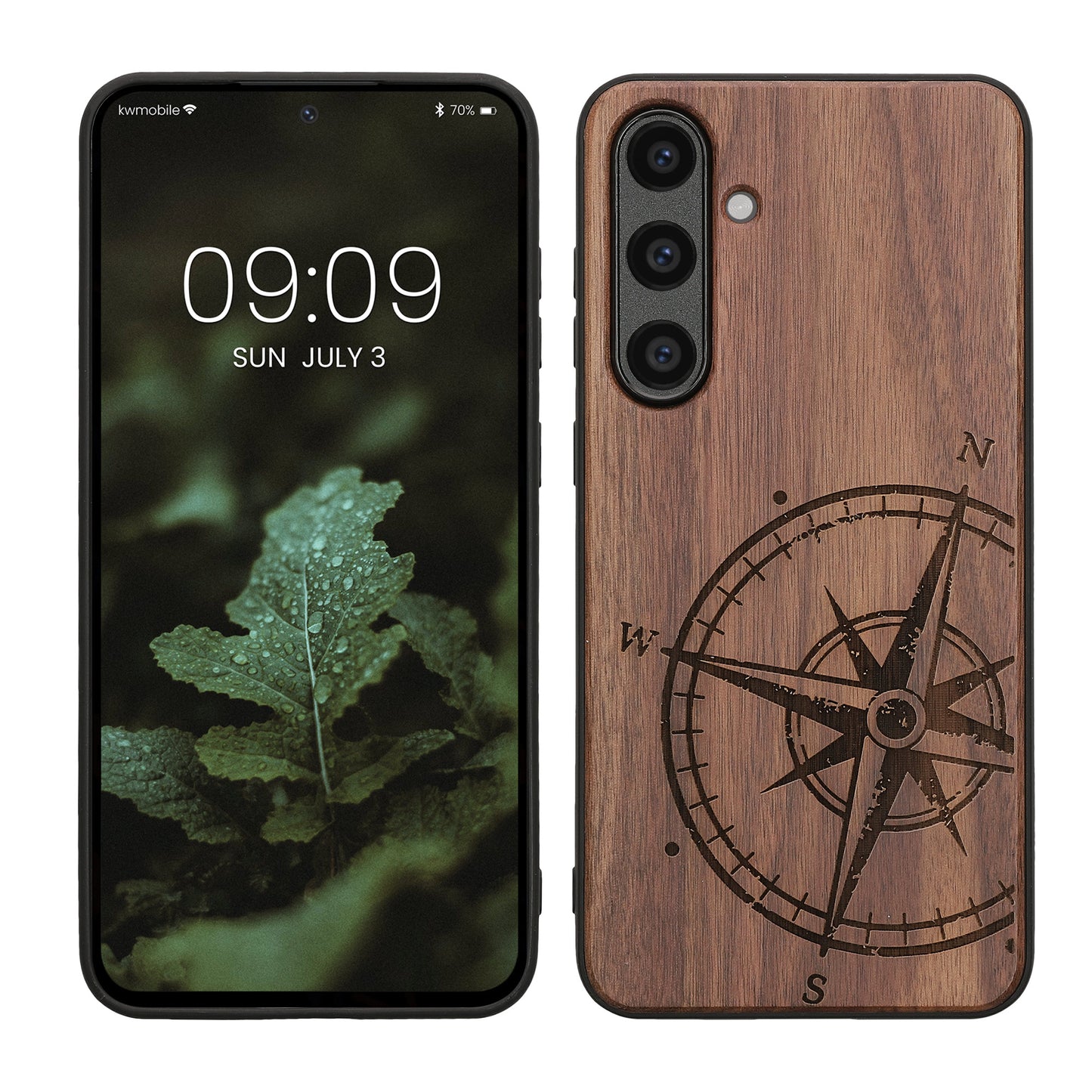kwmobile Hülle kompatibel mit Samsung Galaxy S24 FE Hülle - Holz Case - Handy Cover - TPU Handyhülle in Dunkelbraun Kompass Vintage Dunkelbraun  [dsg01]