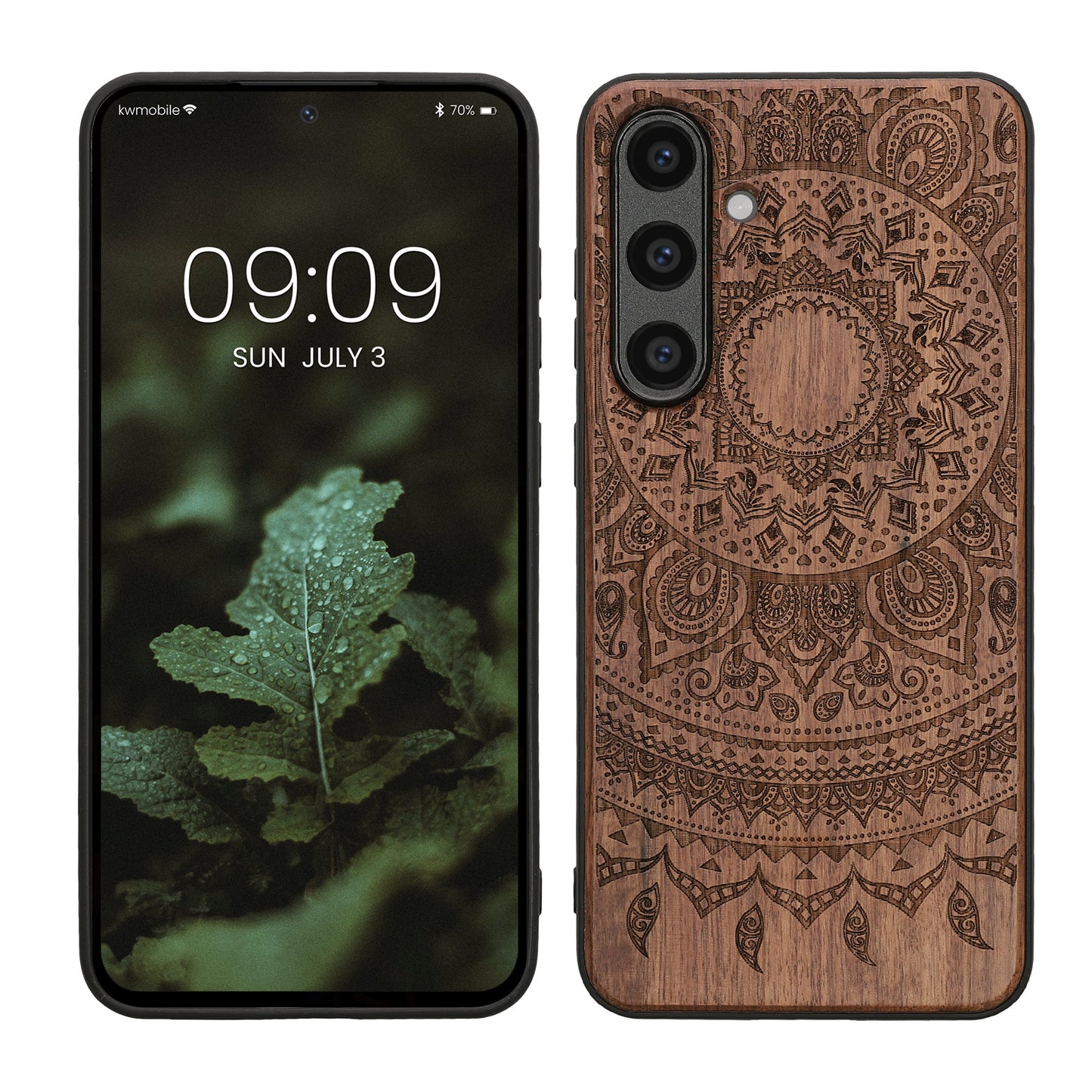 kwmobile Hülle kompatibel mit Samsung Galaxy S24 FE Hülle - Holz Case - Handy Cover - TPU Handyhülle in Dunkelbraun Indische Sonne Dunkelbraun  [dsg02]