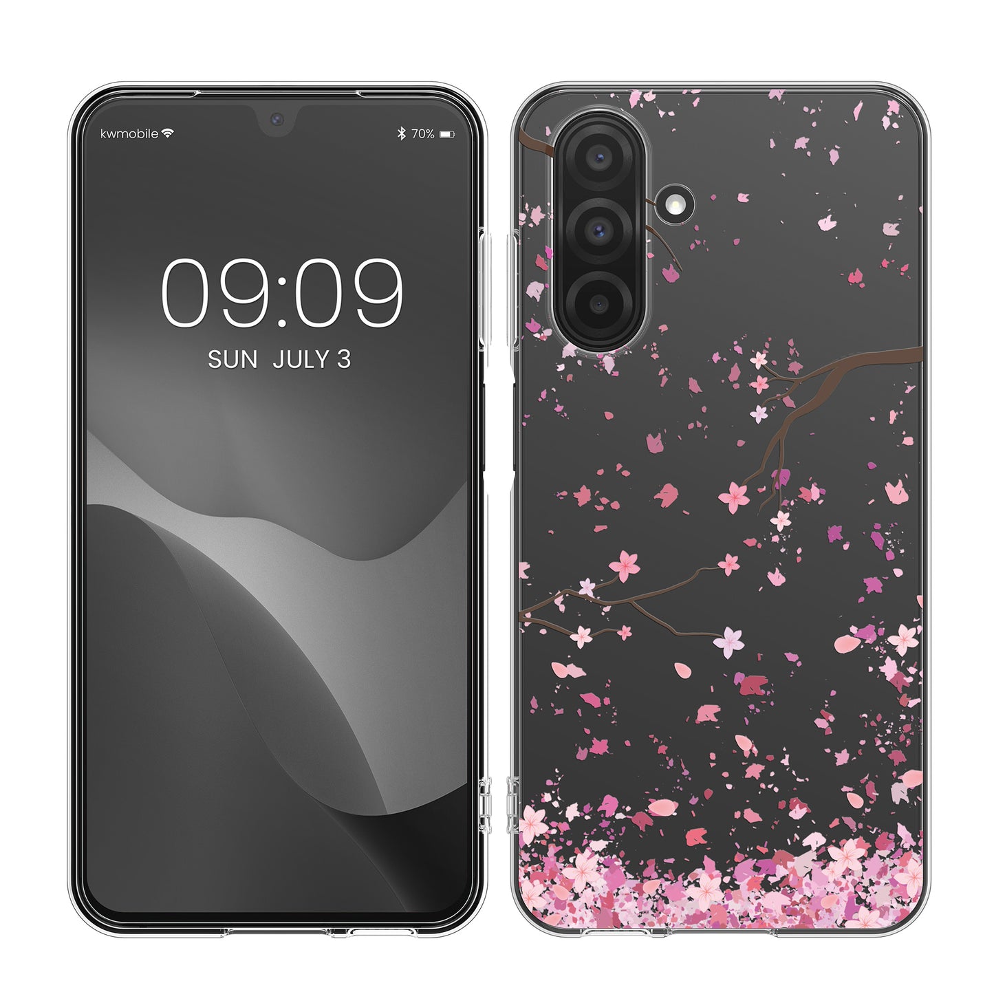 kwmobile Case kompatibel mit Samsung Galaxy A26 5G - Hülle Silikon transparent Kirschblütenblätter Rosa Dunkelbraun Transparent Rosa  [dsg02]