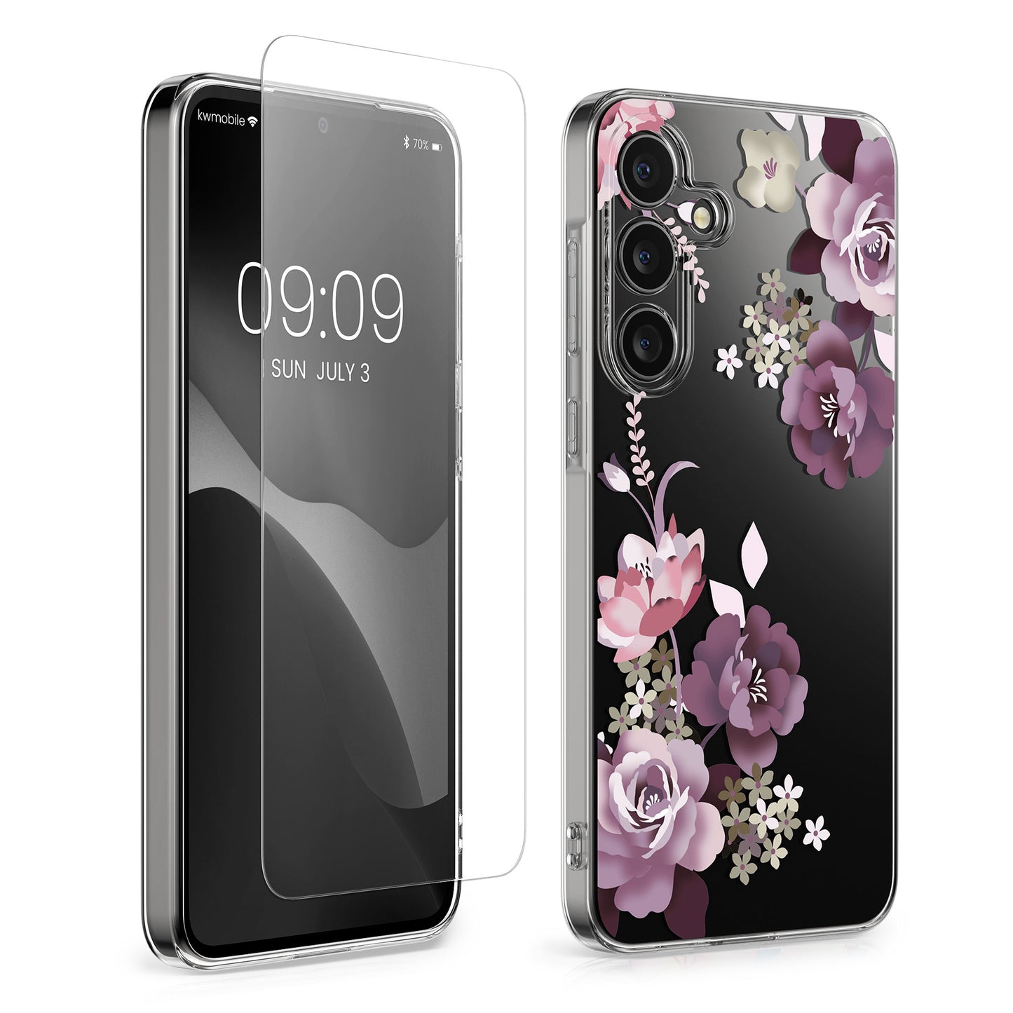 kwmobile Hülle kompatibel mit Samsung Galaxy A55 5G Handyhülle - Silikon Case transparent - Mit Glas Schutzfolie - Blumenblüten und Rosen Pastelllila Transparent Pastelllila  [dsg01]