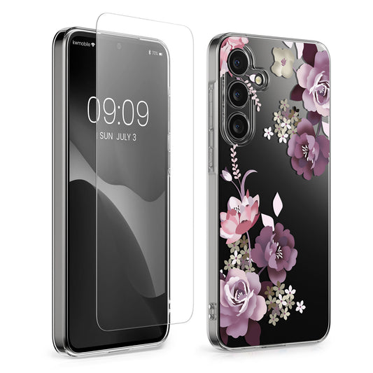 kwmobile Hülle kompatibel mit Samsung Galaxy A55 5G Handyhülle - Silikon Case transparent - Mit Glas Schutzfolie - Blumenblüten und Rosen Pastelllila Transparent Pastelllila  [dsg01]