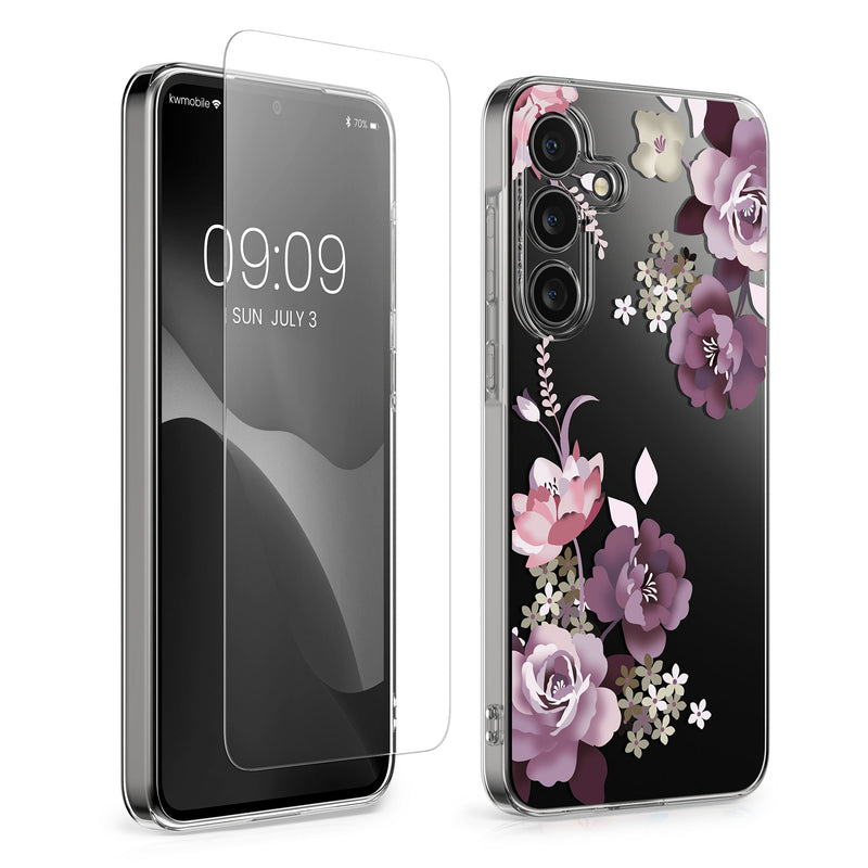 kwmobile Hülle kompatibel mit Samsung Galaxy A55 5G Handyhülle - Silikon Case transparent - Mit Glas Schutzfolie - Blumenblüten und Rosen Pastelllila Transparent Pastelllila  [dsg01]