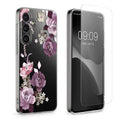 kwmobile Case Compatible with Samsung Galaxy A55 5G Phone Case - Silicone Case Transparent - With Glass Screen Protector - Cherry Blossom and Roses Transparent
