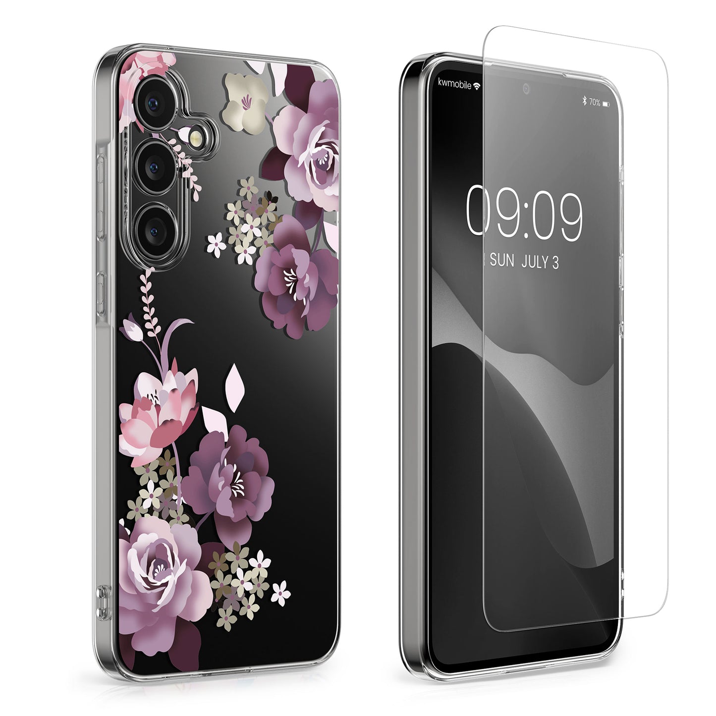kwmobile Case Compatible with Samsung Galaxy A55 5G Phone Case - Silicone Case Transparent - With Glass Screen Protector - Cherry Blossom and Roses Transparent