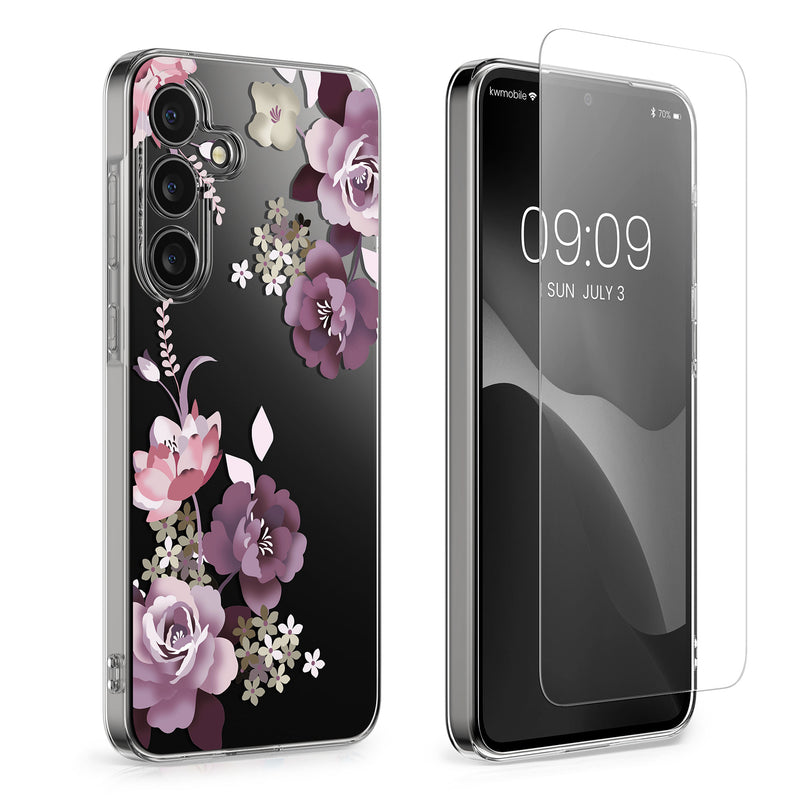 kwmobile Case Compatible with Samsung Galaxy A55 5G Phone Case - Silicone Case Transparent - With Glass Screen Protector - Cherry Blossom and Roses Transparent