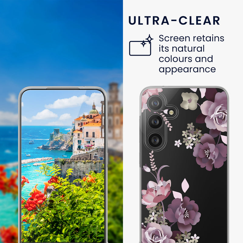 kwmobile Case Compatible with Samsung Galaxy A55 5G Phone Case - Silicone Case Transparent - With Glass Screen Protector - Cherry Blossom and Roses Transparent