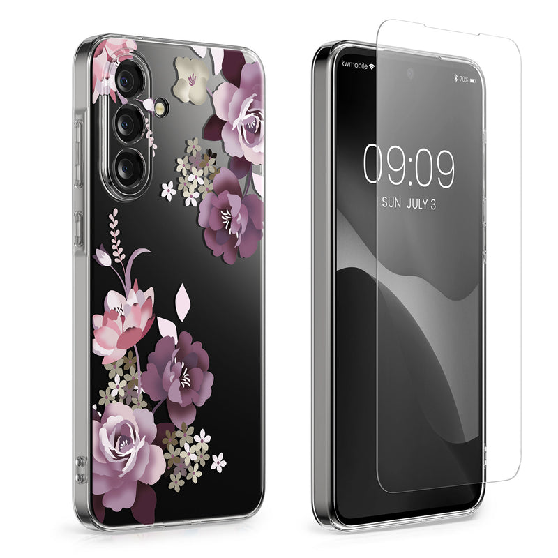 kwmobile Case Compatible with Samsung Galaxy A56 5G Phone Case with Glass Screen Protector Floral Blossoms and Roses Transparent