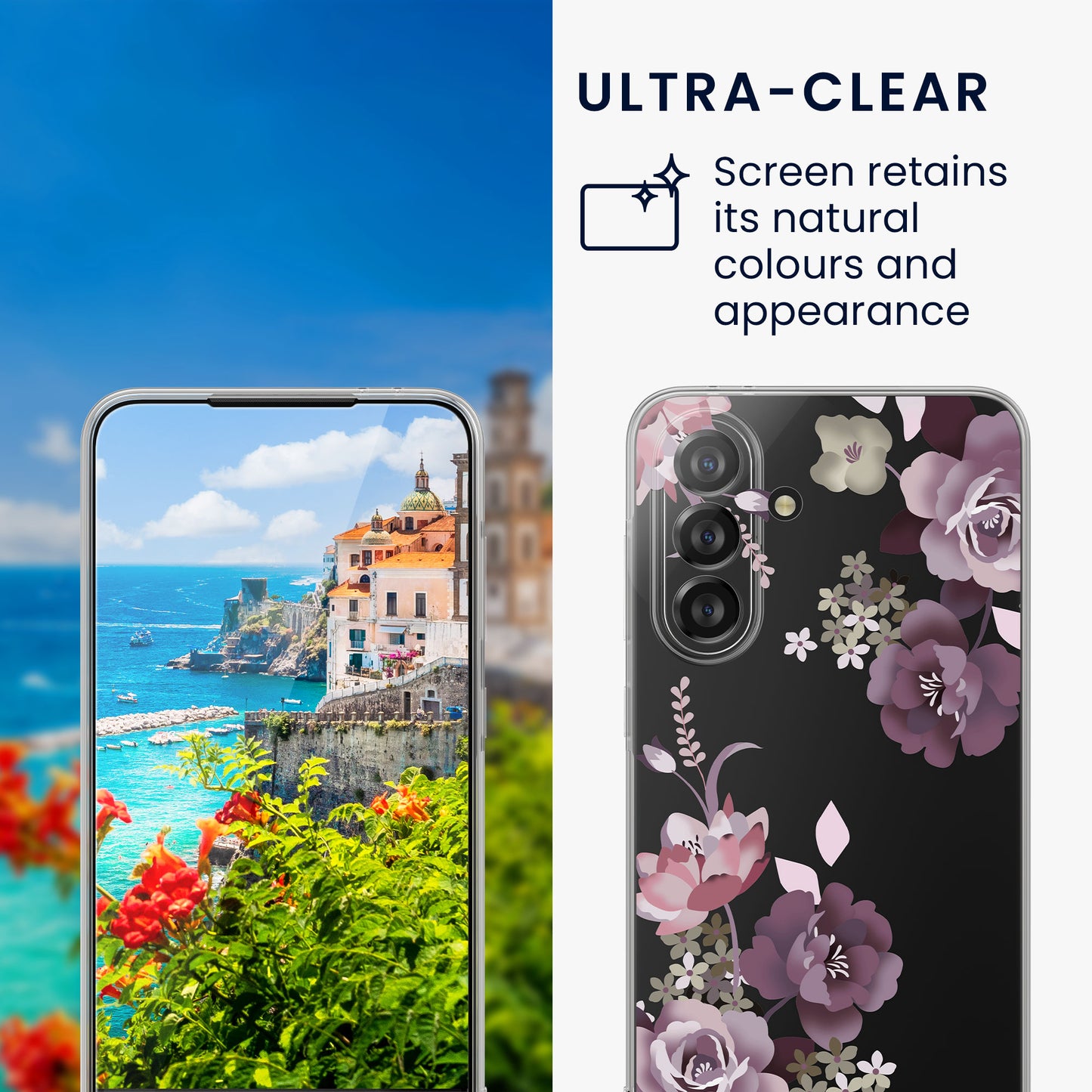 kwmobile Case Compatible with Samsung Galaxy A56 5G Phone Case with Glass Screen Protector Floral Blossoms and Roses Transparent
