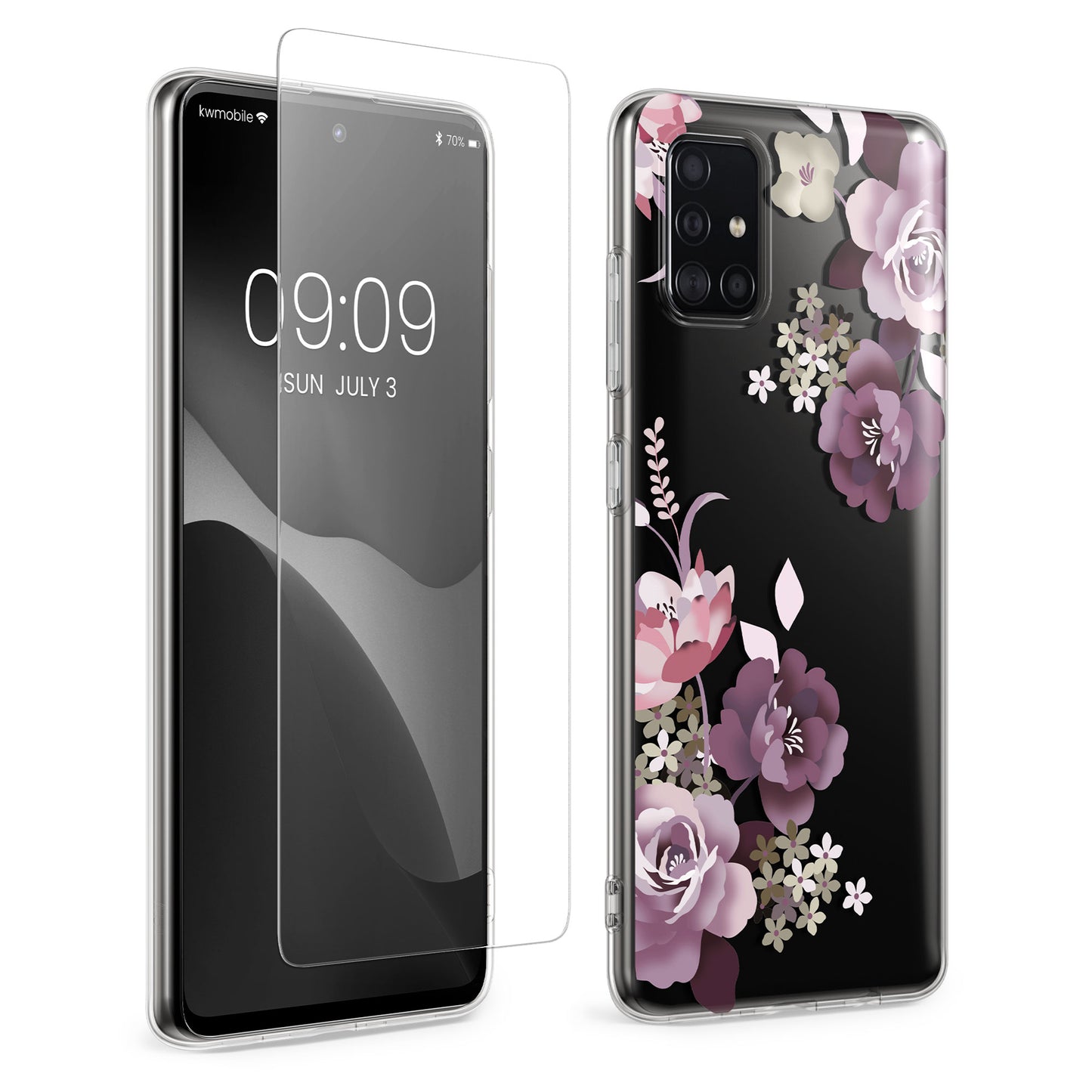 kwmobile Hülle kompatibel mit Samsung Galaxy A51 Handyhülle - Silikon Case transparent - Mit Glas Schutzfolie - Blumenblüten und Rosen Pastelllila Transparent Pastelllila  [dsg01]