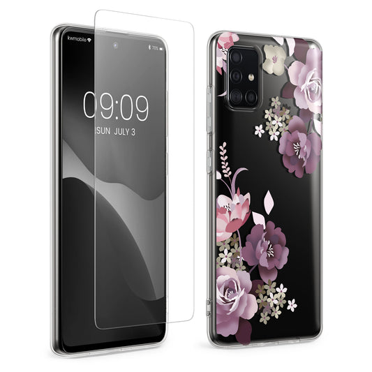 kwmobile Hülle kompatibel mit Samsung Galaxy A51 Handyhülle - Silikon Case transparent - Mit Glas Schutzfolie - Blumenblüten und Rosen Pastelllila Transparent Pastelllila  [dsg01]