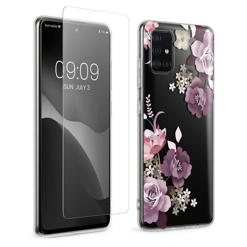 kwmobile Hülle kompatibel mit Samsung Galaxy A51 Handyhülle - Silikon Case transparent - Mit Glas Schutzfolie - Blumenblüten und Rosen Pastelllila Transparent Pastelllila  [dsg01]